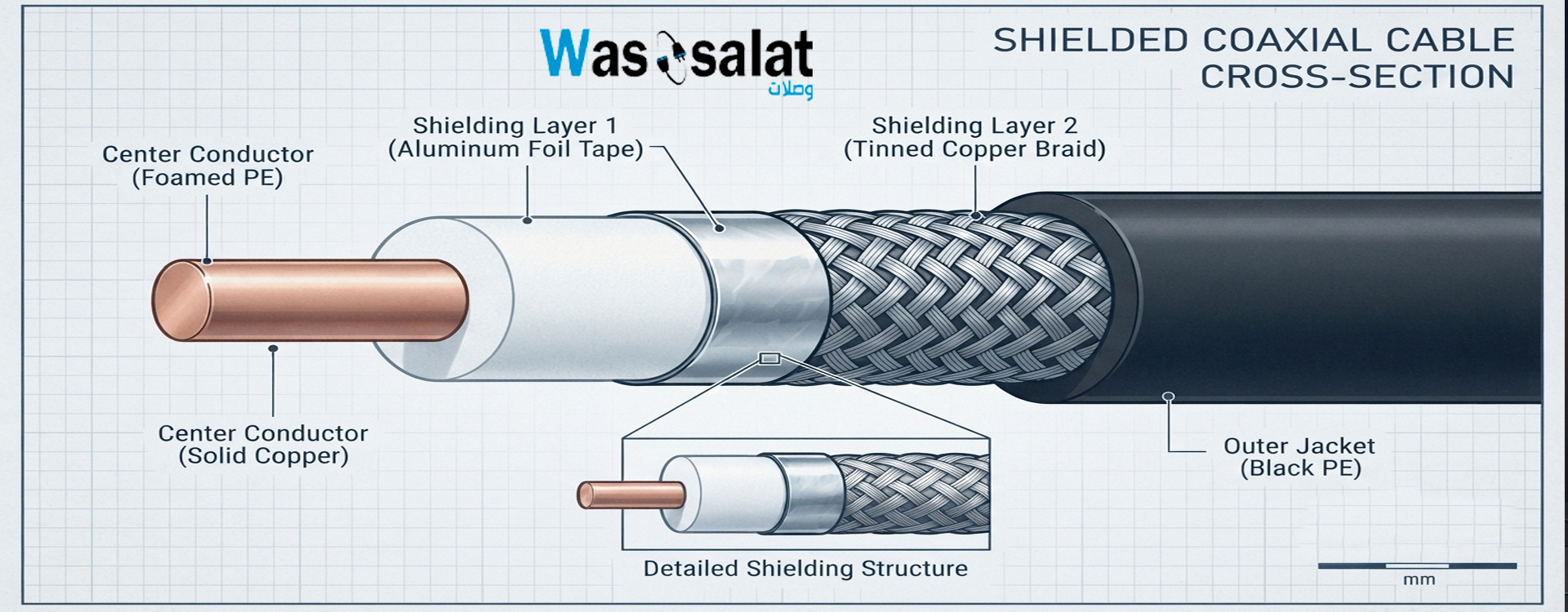 Shielded coaxial cable cross-section showing foil and braid layers